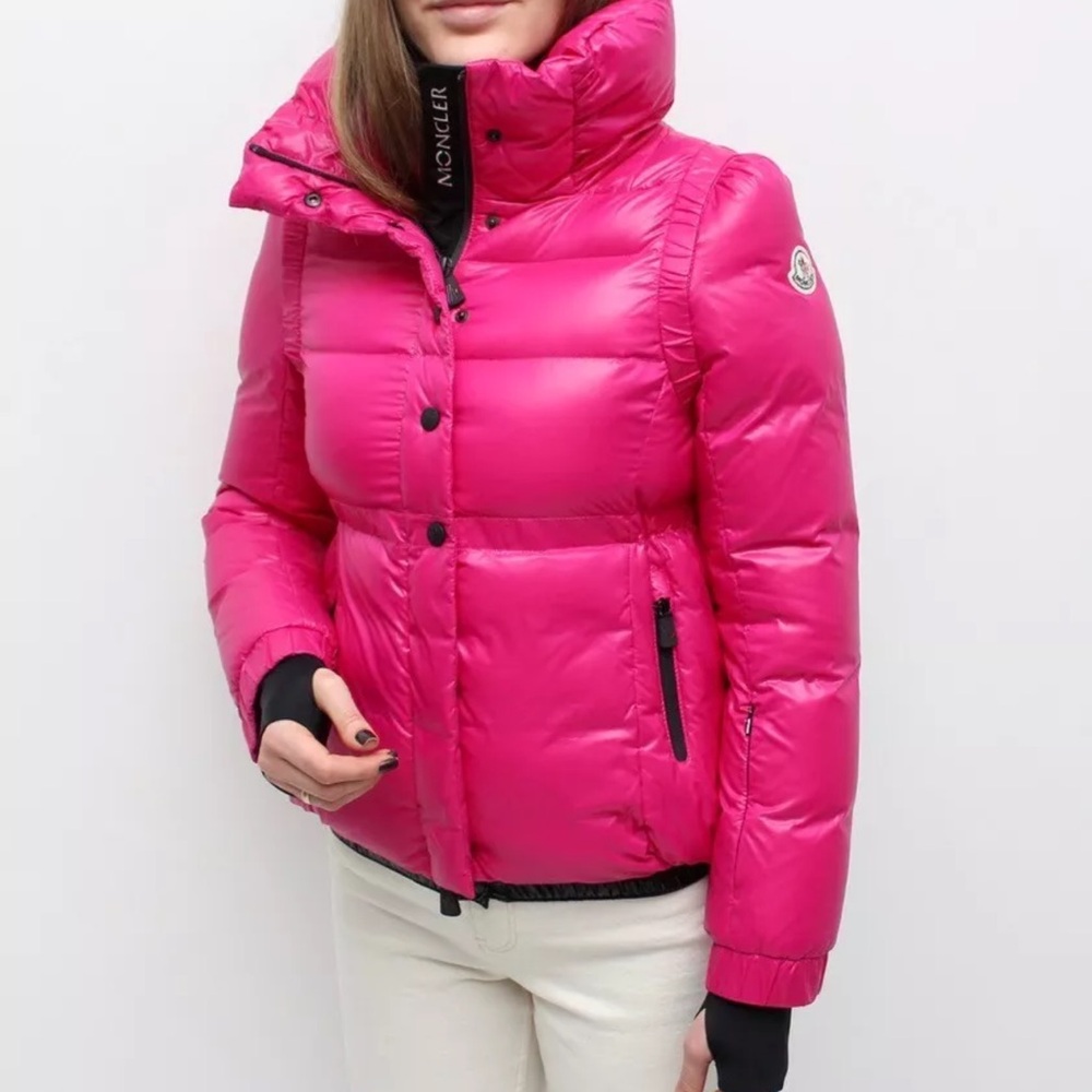 Moncler Pink Puffer Jacket with Fitted Silhouette and High Collar